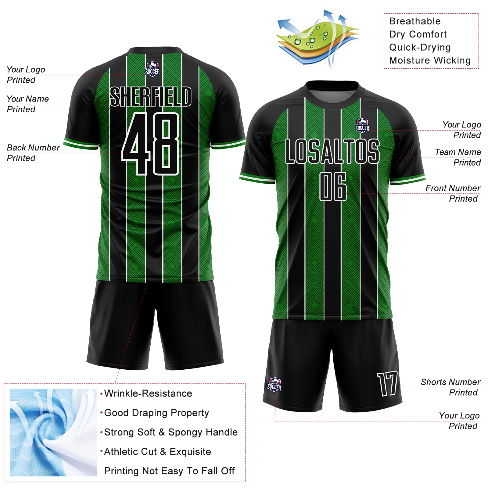 Custom Black Grass Green-White Pinstripe Line Sports Sublimation Soccer Uniform Jersey - Image 4