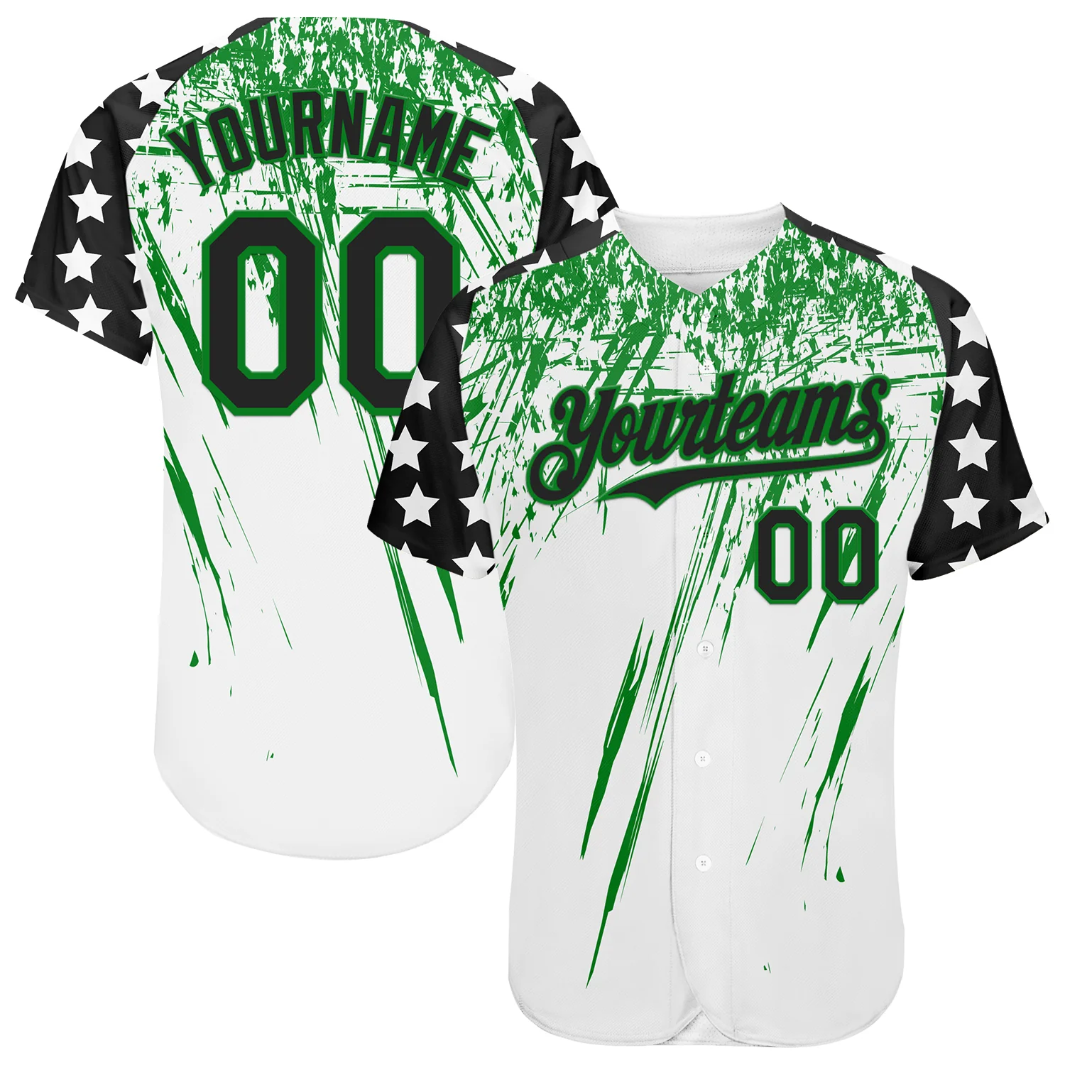Custom White Black-Grass Green Splatter Brush Stroke Star Raglan Sleeves Authentic Baseball Jersey