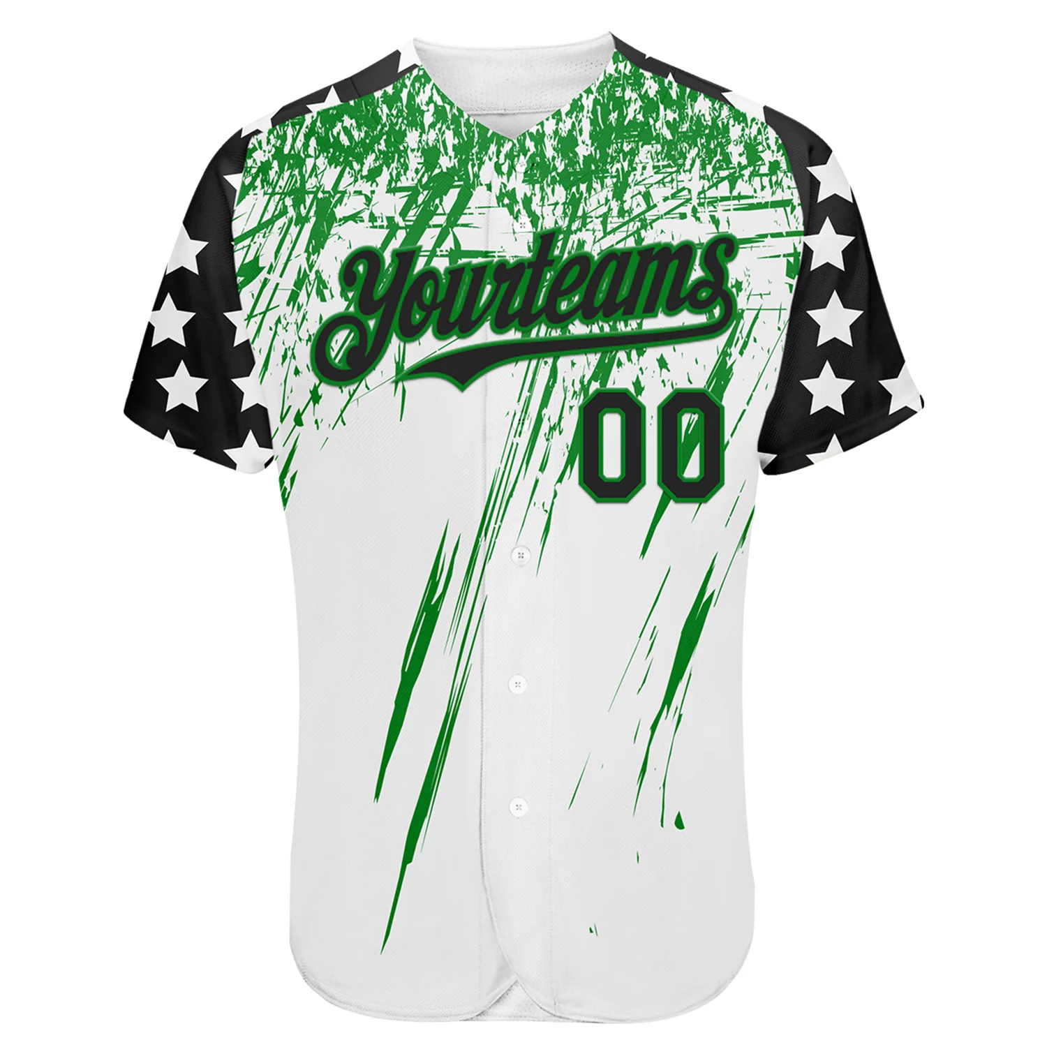 Custom White Black-Grass Green Splatter Brush Stroke Star Raglan Sleeves Authentic Baseball Jersey - Image 2