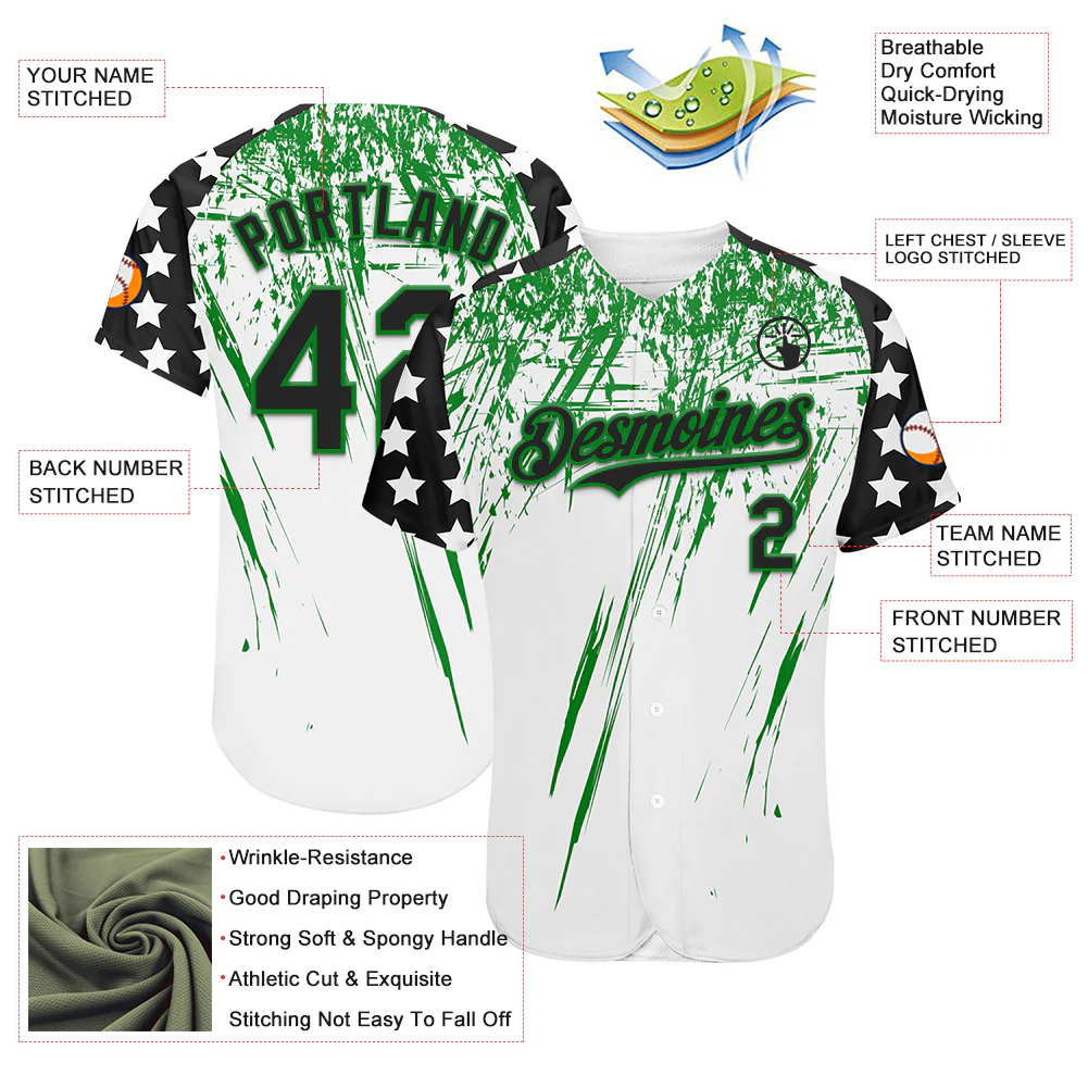 Custom White Black-Grass Green Splatter Brush Stroke Star Raglan Sleeves Authentic Baseball Jersey - Image 3