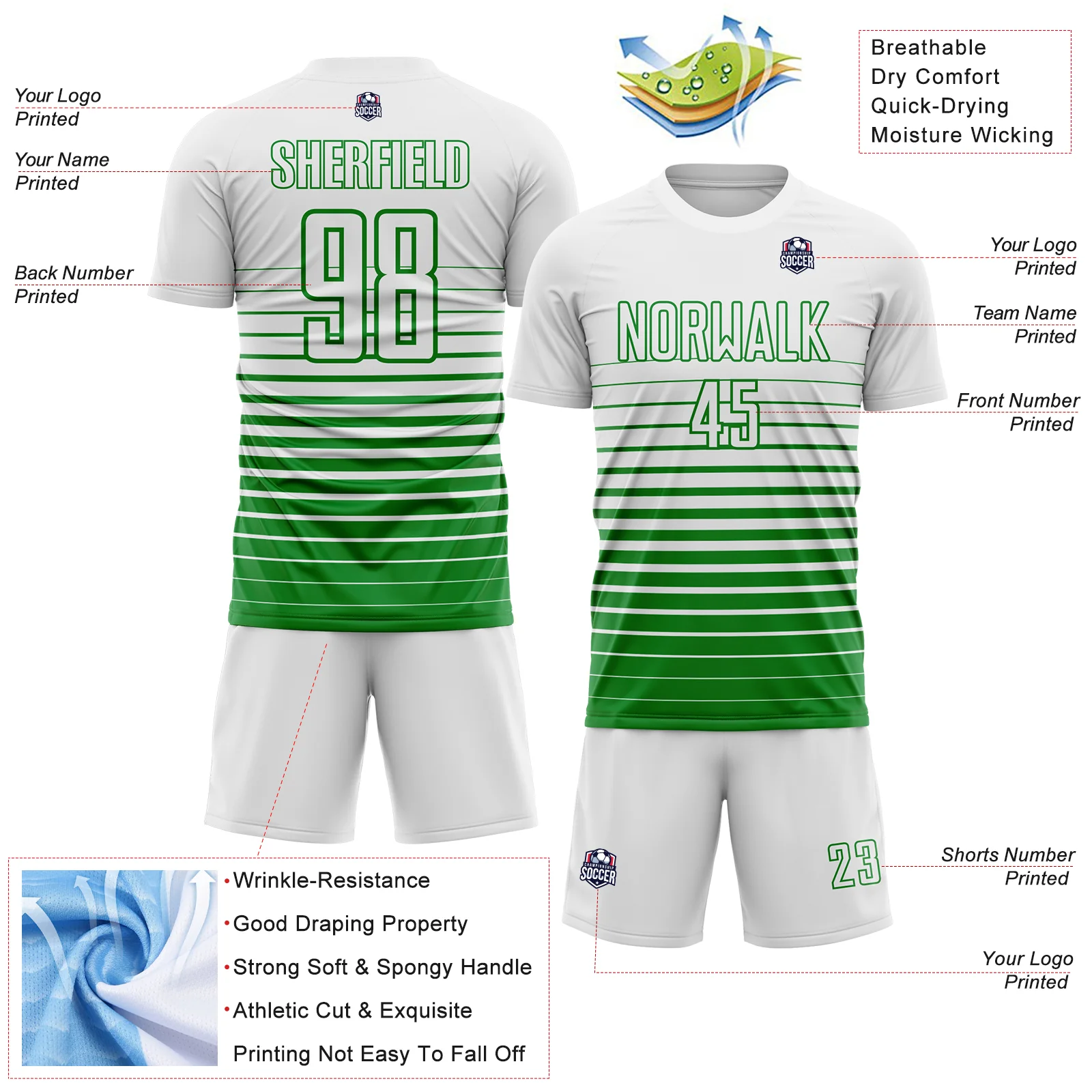 Custom White Grass Green Gradient Pinstripe Sublimation Soccer Uniform Jersey - Image 4