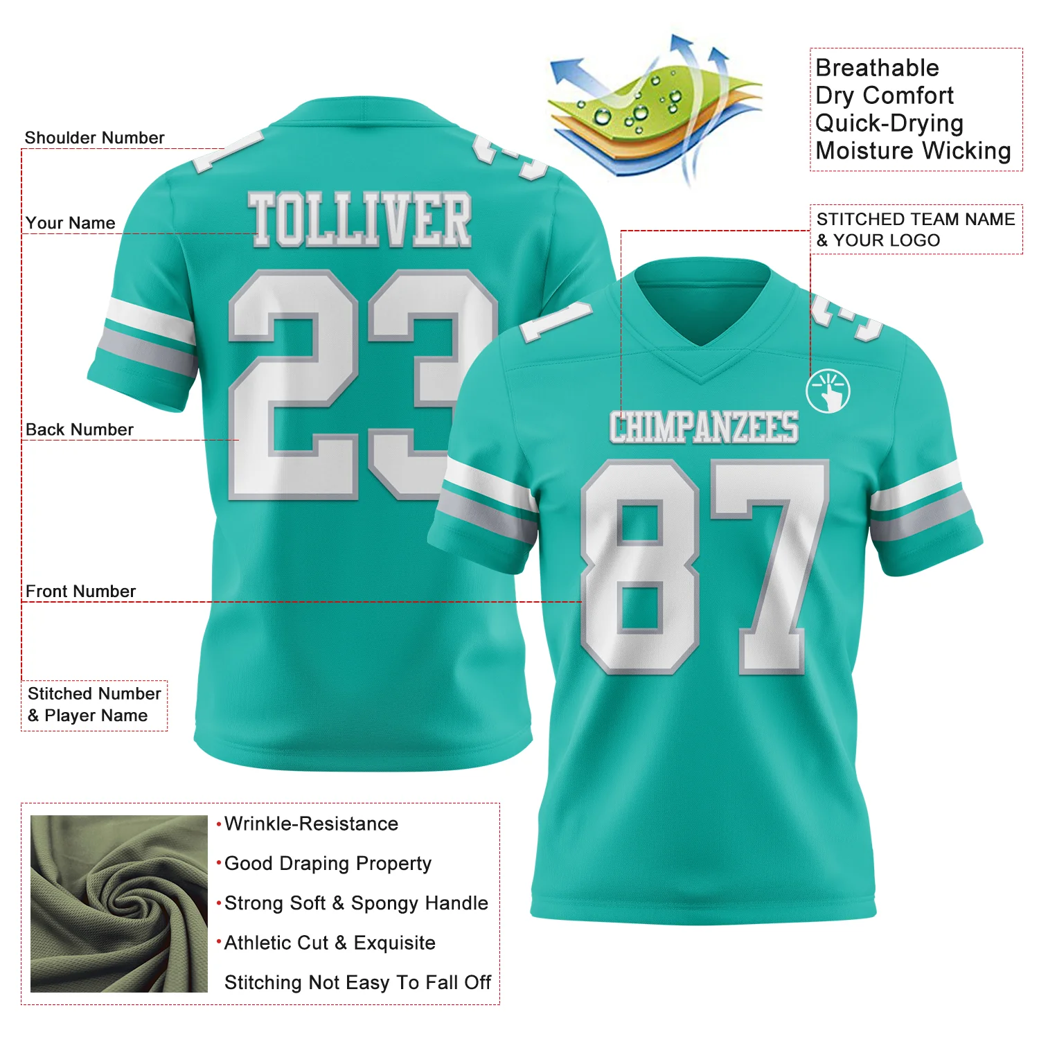 Custom Aqua White-Gray Authentic Football Jersey - Image 3