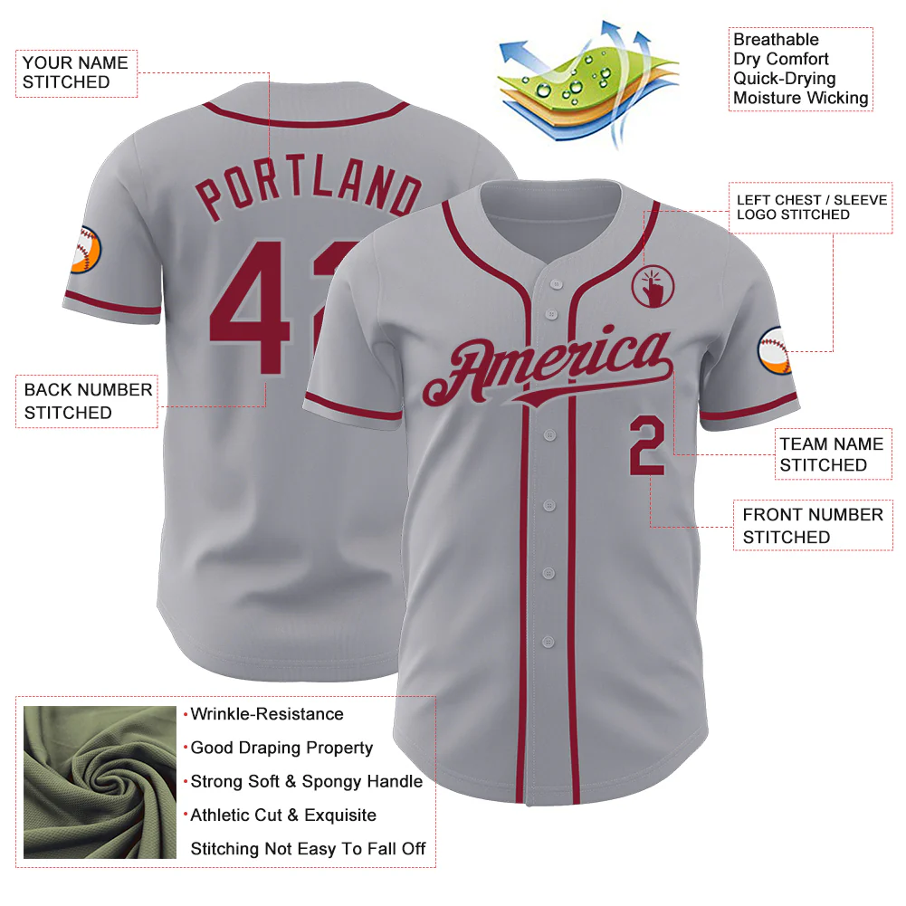 Custom Gray Crimson Authentic Baseball Jersey - Image 3
