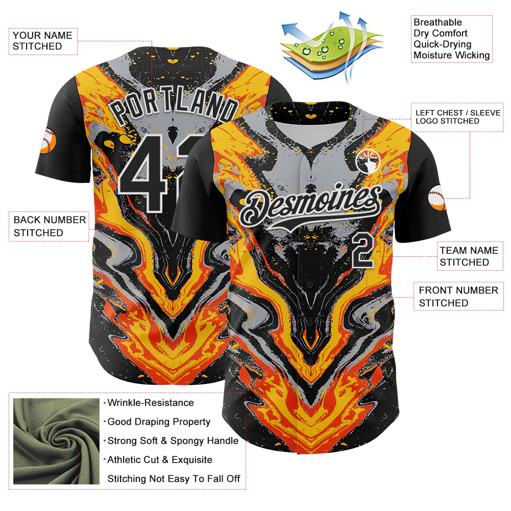 Custom Black Gray Orange Yellow-White 3D Pattern Design Rave Party Marble Lava Authentic Baseball Jersey - Image 3