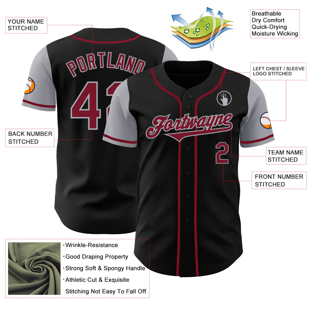 Custom Black Crimson-Gray Authentic Two Tone Baseball Jersey - Image 3