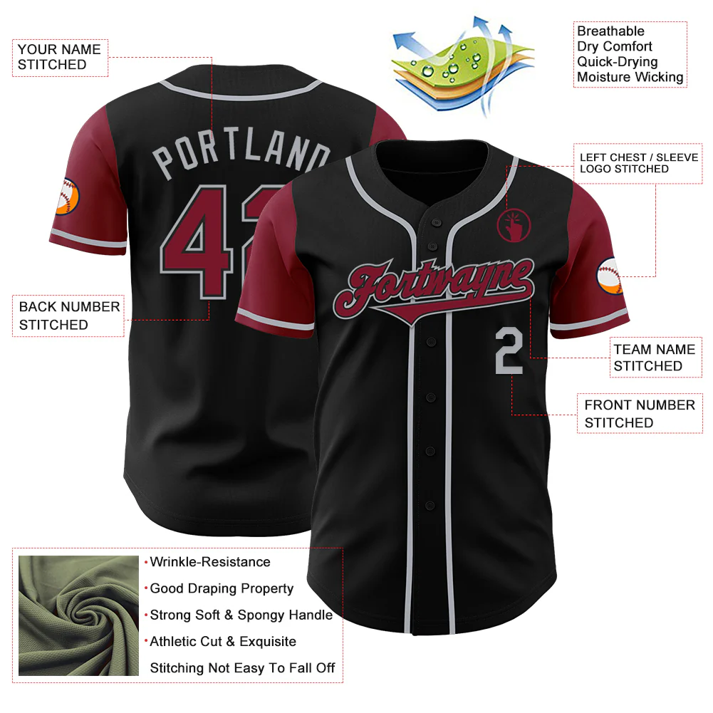Custom Black Crimson-Gray Authentic Two Tone Baseball Jersey - Image 3