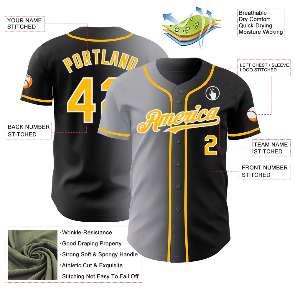 Custom Black Gold Gray-White Authentic Gradient Fashion Baseball Jersey - Image 3
