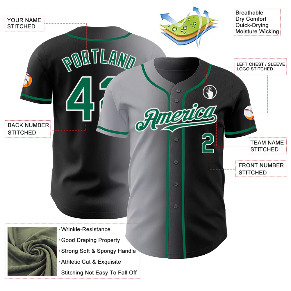 Custom Black Kelly Green Gray-White Authentic Gradient Fashion Baseball Jersey - Image 3