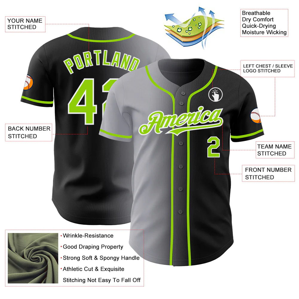 Custom Black Neon Green Gray-White Authentic Gradient Fashion Baseball Jersey - Image 3