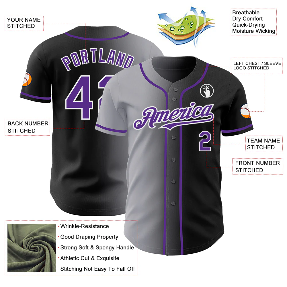 Custom Black Purple Gray-White Authentic Gradient Fashion Baseball Jersey - Image 3