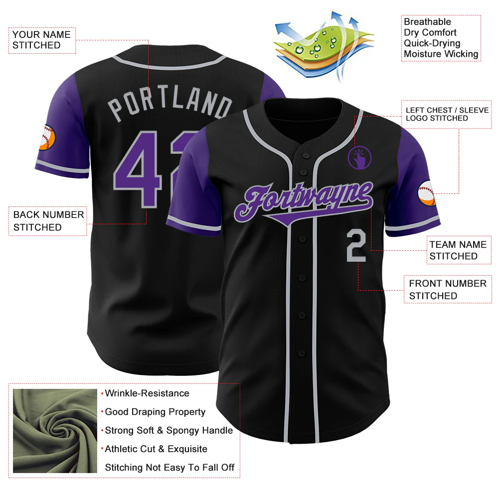 Custom Black Purple-Gray Authentic Two Tone Baseball Jersey - Image 3