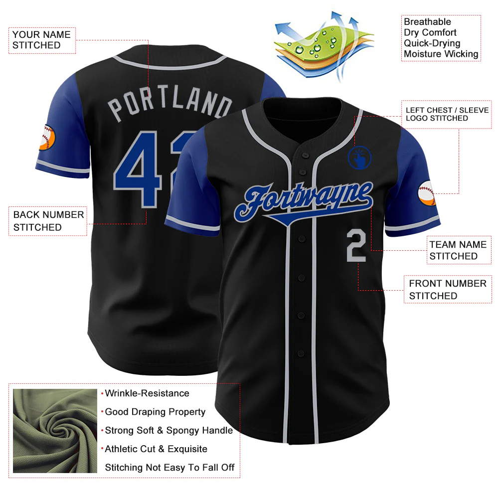 Custom Black Royal-Gray Authentic Two Tone Baseball Jersey - Image 3