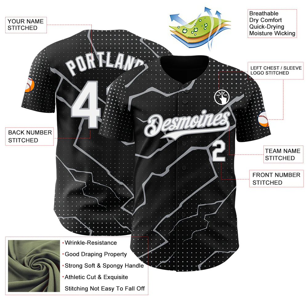 Custom Black White-Gray Lightning Polka Dot Authentic Baseball Jersey - Image 3