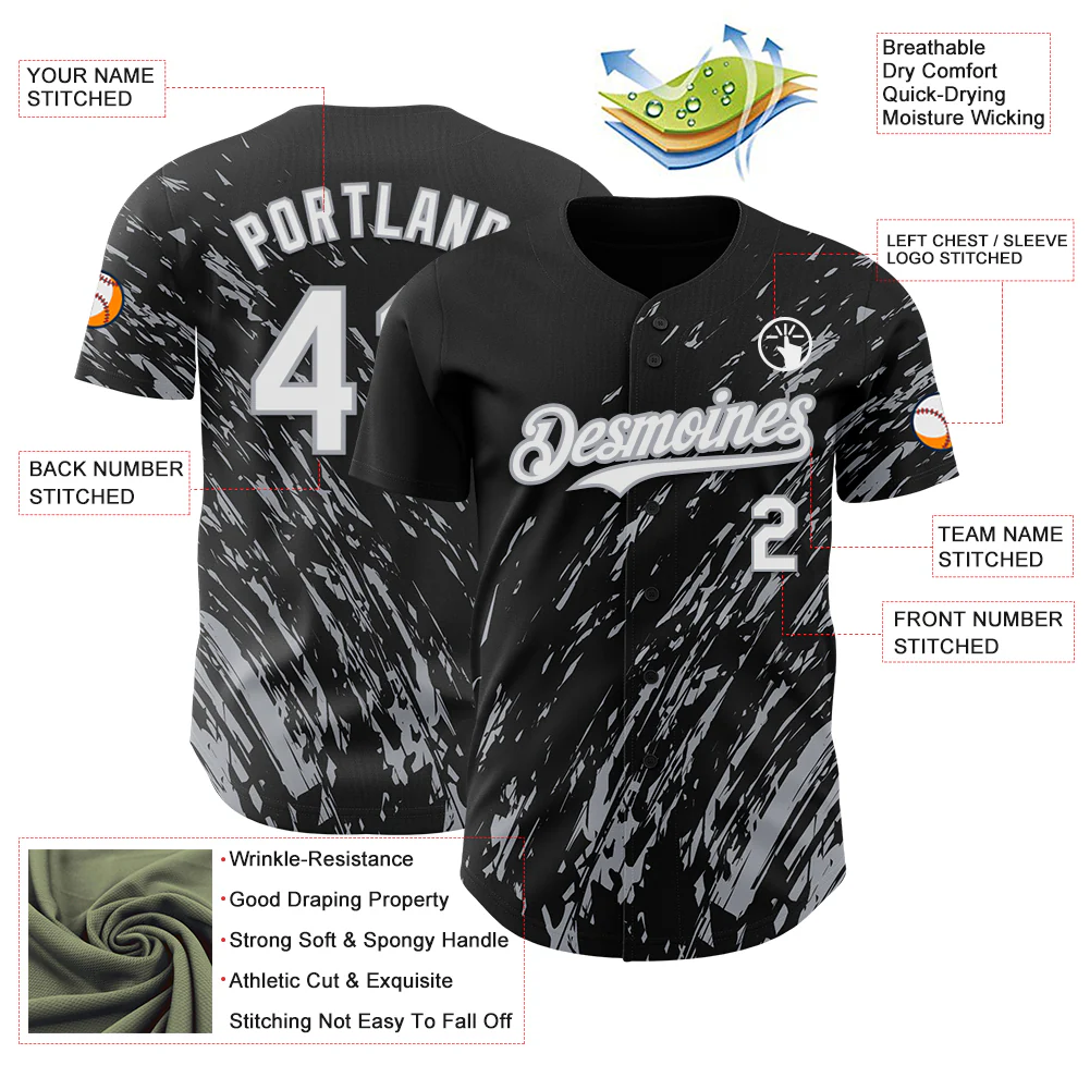Custom Black White-Gray Paint Stroke Grunge Streak Authentic Baseball Jersey - Image 3