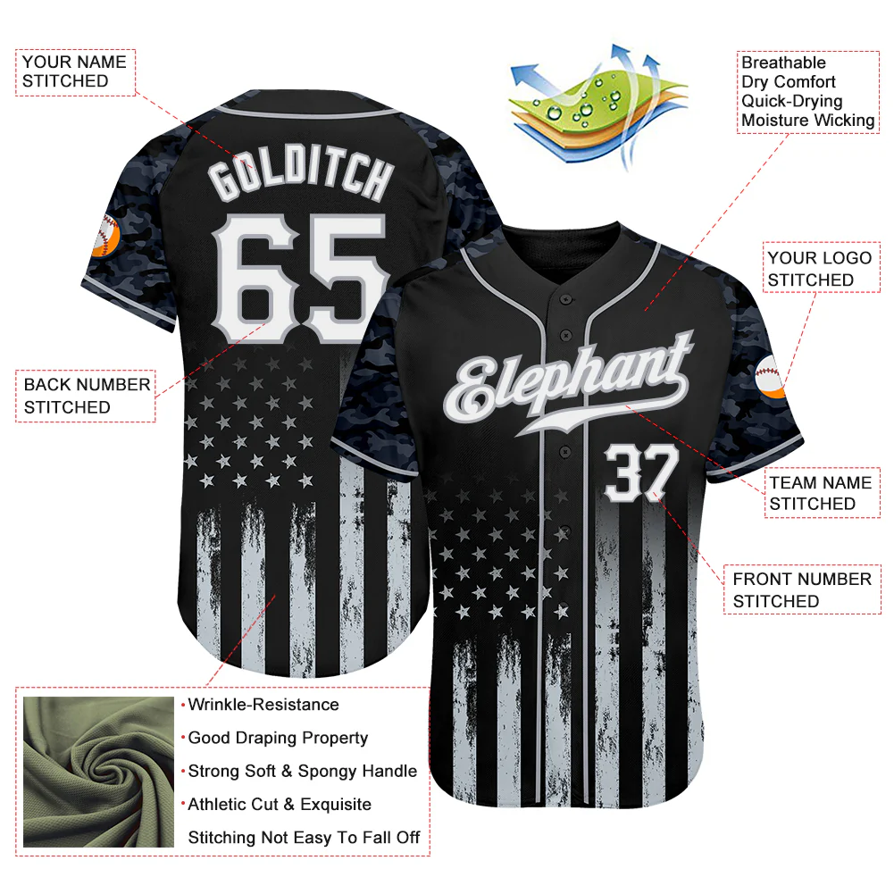 Custom Black White-Gray Camo Raglan Sleeves American Flag Patriotic Authentic Baseball Jersey - Image 3