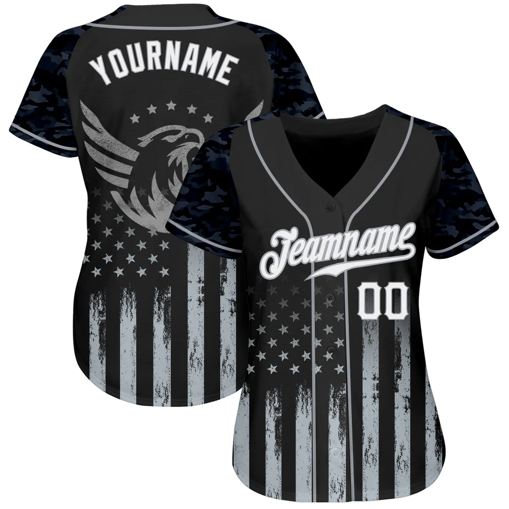 Custom Black White-Gray Camo Raglan Sleeves American Flag Eagle Patriotic Authentic Baseball Jersey - Image 2