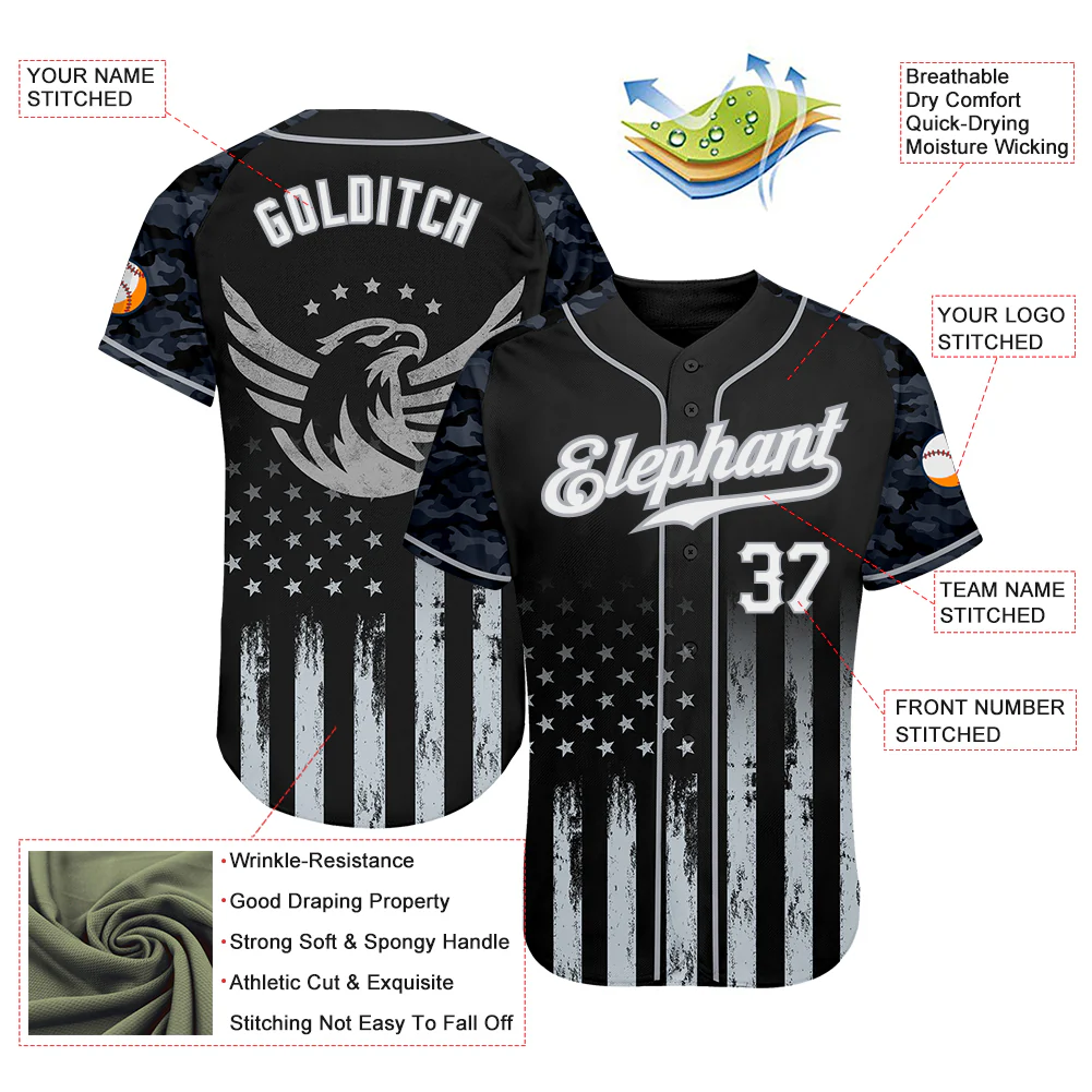 Custom Black White-Gray Camo Raglan Sleeves American Flag Eagle Patriotic Authentic Baseball Jersey - Image 3