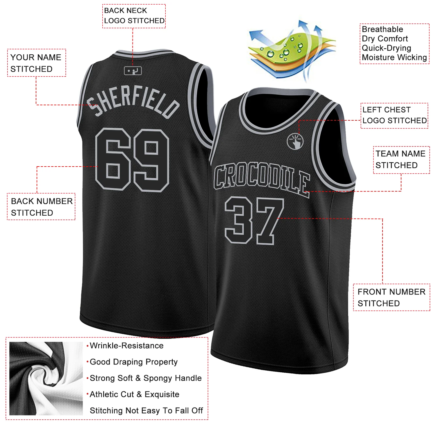 Custom Black Gray Authentic Basketball Jersey - Image 2