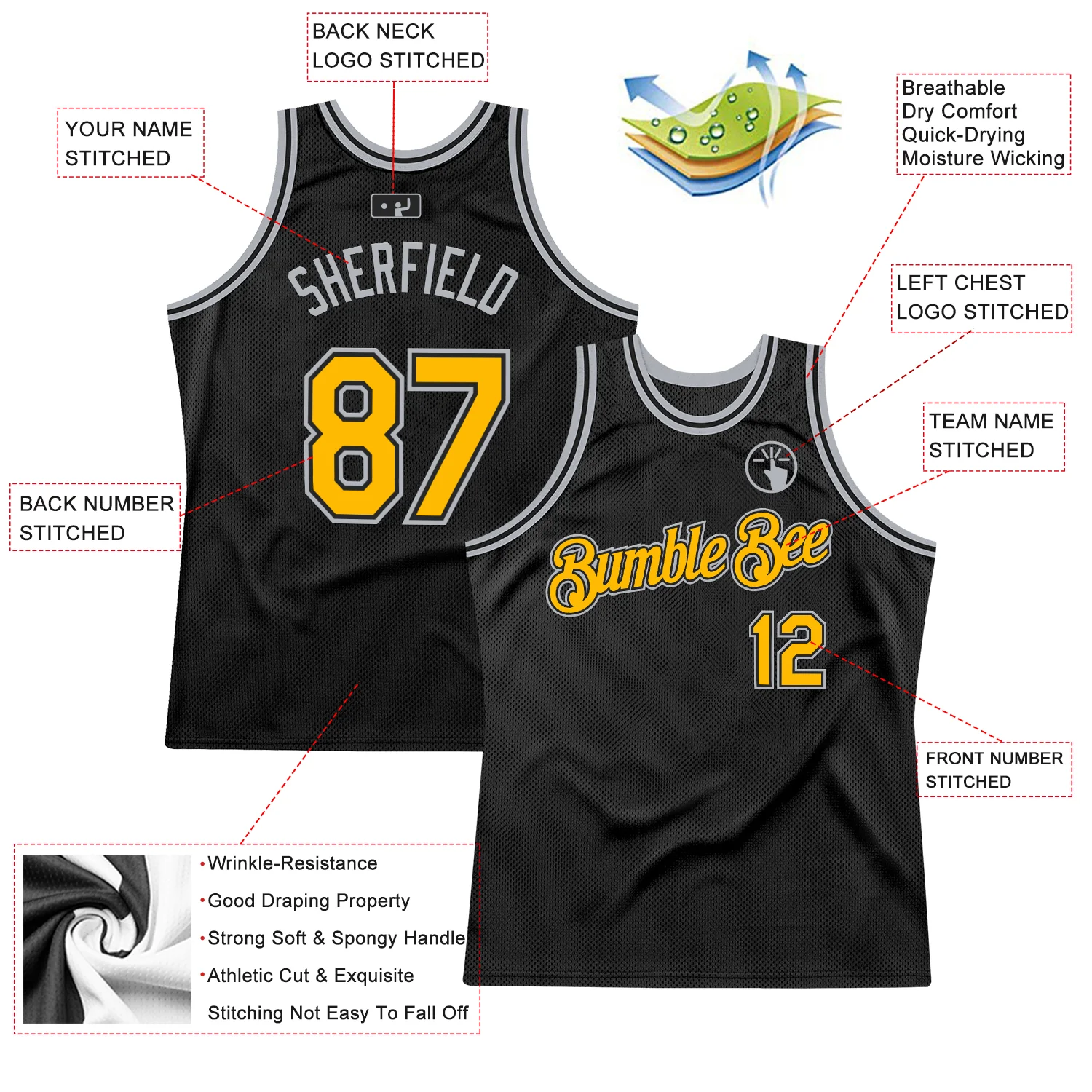 Custom Black Gold-Gray Authentic Throwback Basketball Jersey - Image 2