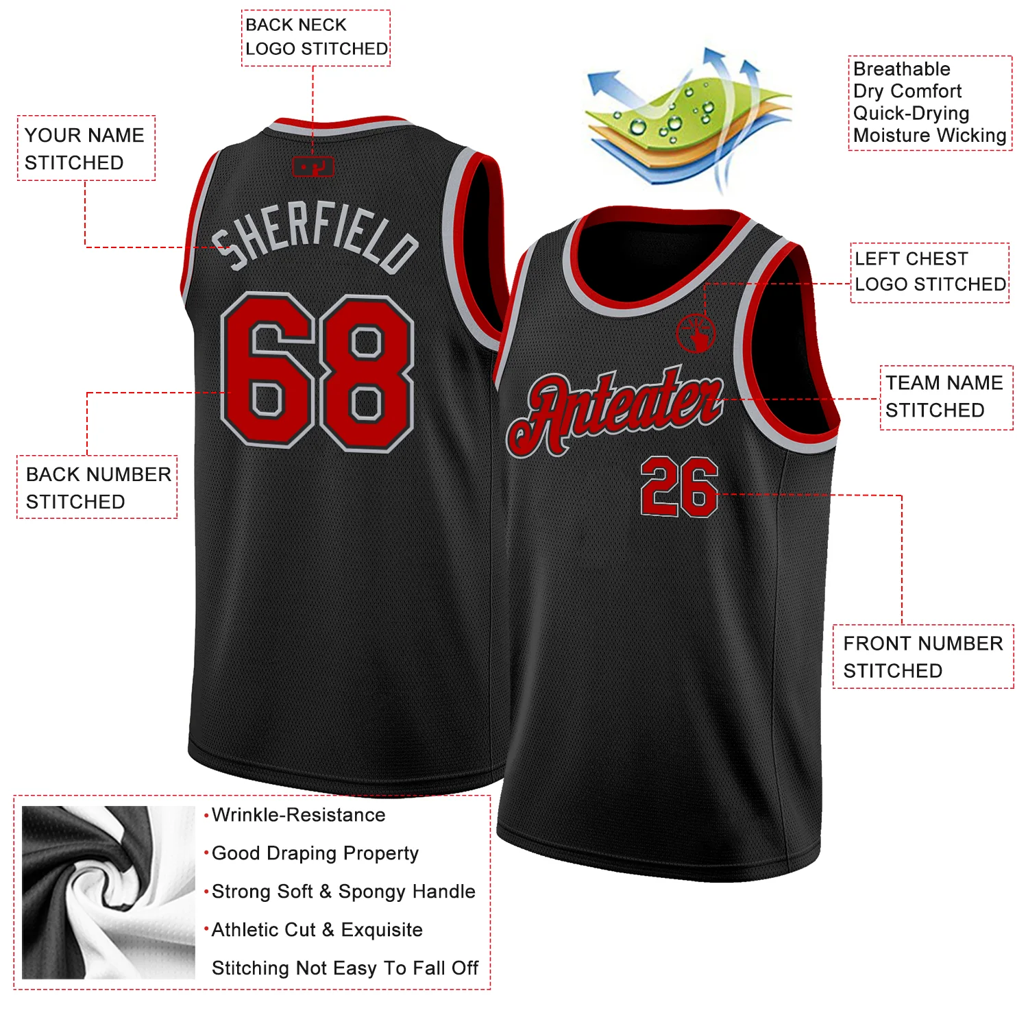 Custom Black Red-Gray Authentic Basketball Jersey - Image 2