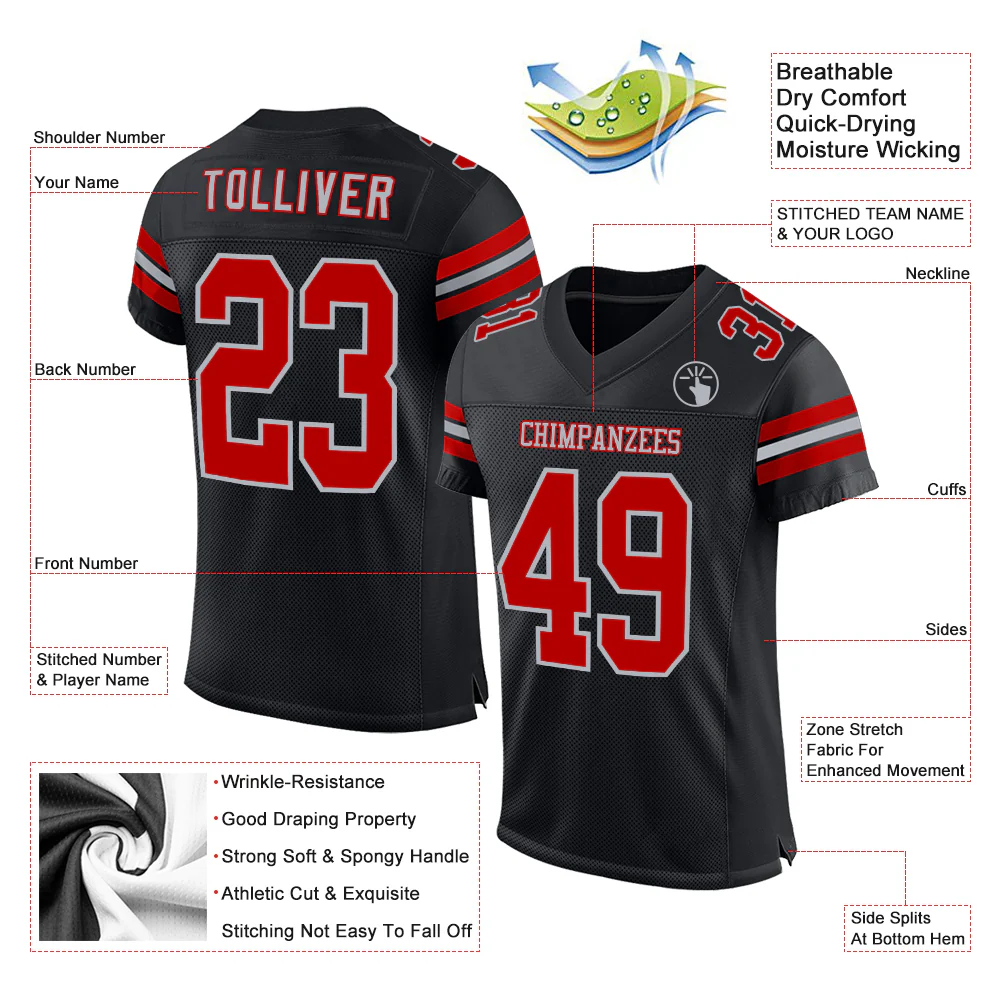 Custom Black Red-Gray Mesh Authentic Football Jersey - Image 2