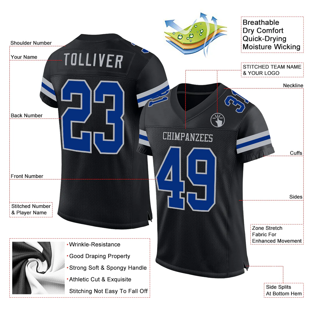 Custom Black Royal-Gray Mesh Authentic Football Jersey - Image 2