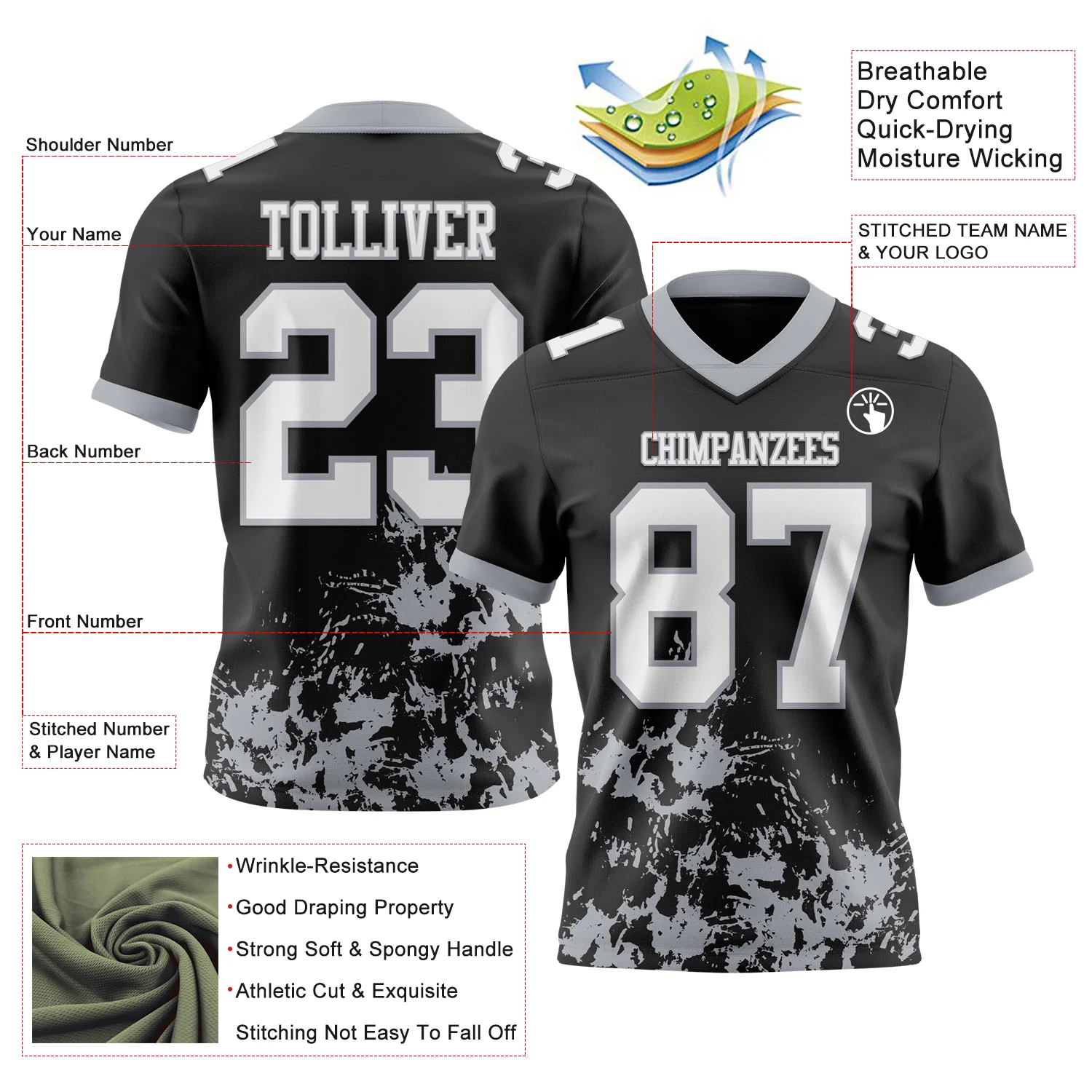 Custom Black White-Gray 3D Pattern Splash Authentic Football Jersey - Image 2