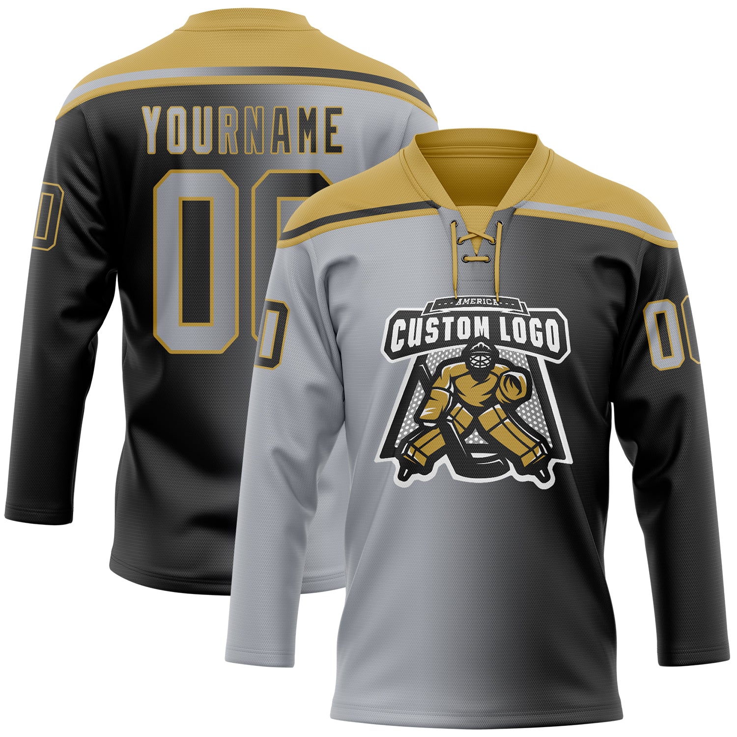 Custom Black Gray-Old Gold Gradient Fashion Hockey Lace Neck Jersey - Image 2