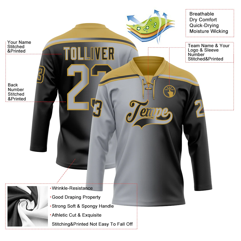 Custom Black Gray-Old Gold Gradient Fashion Hockey Lace Neck Jersey - Image 5