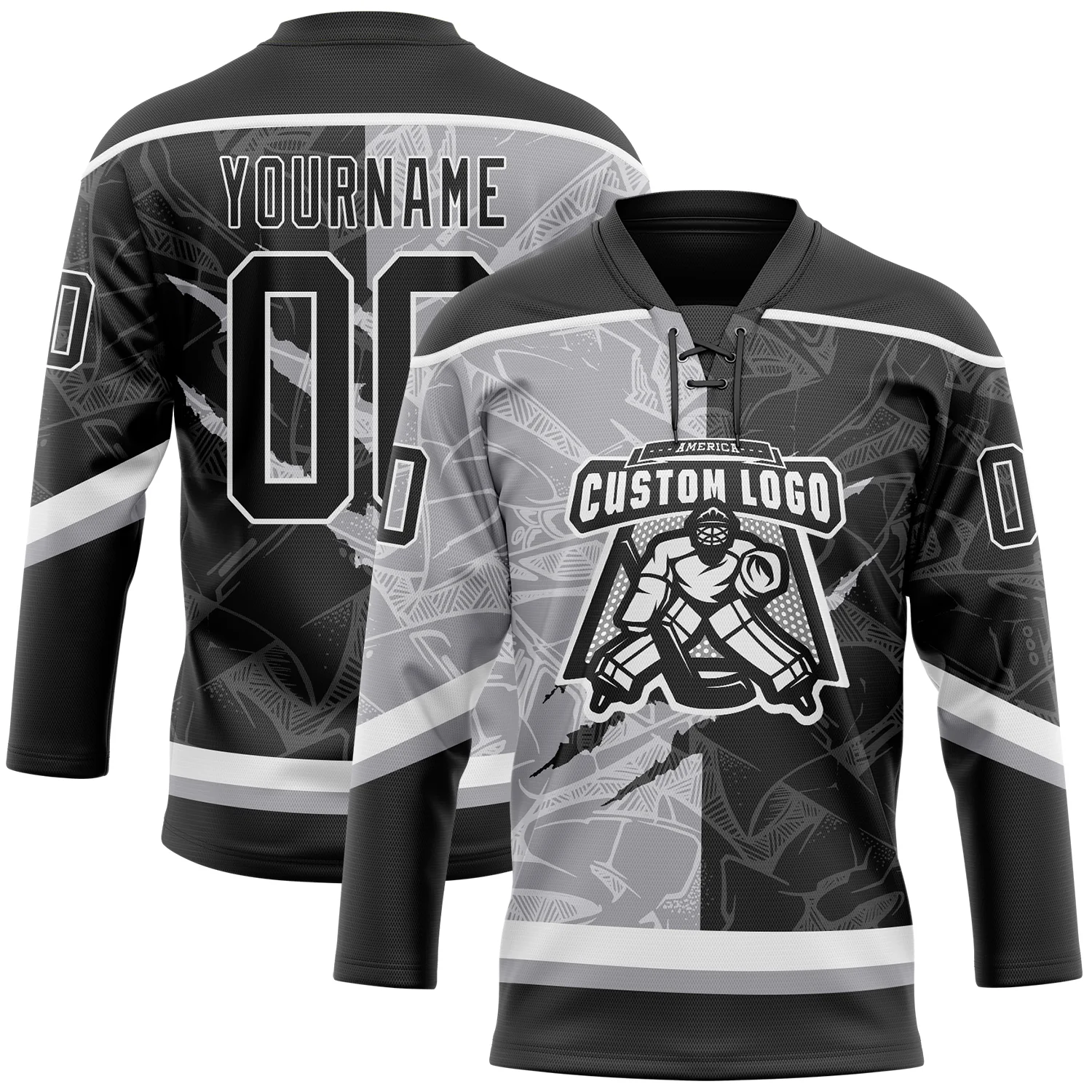 Custom Black Gray-White 3D Pattern Gradient Fashion Scratch Hockey Lace Neck Jersey - Image 2