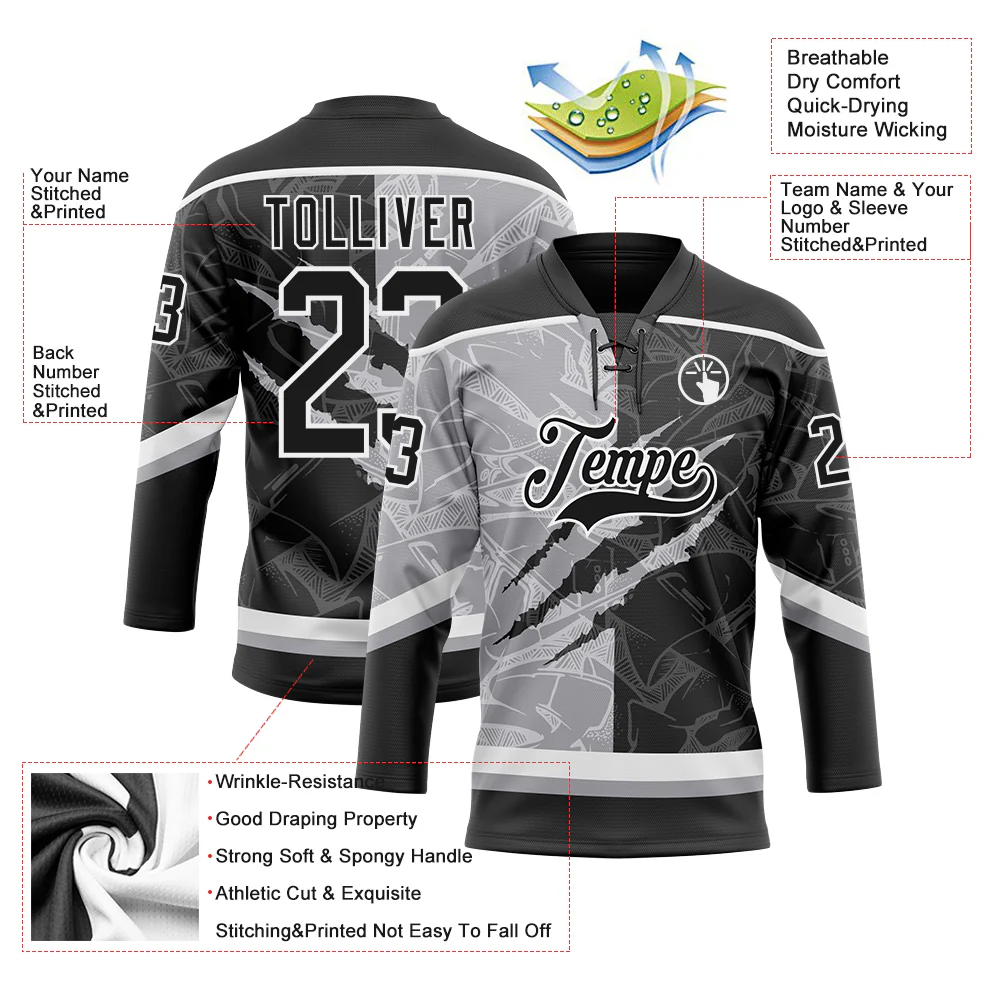 Custom Black Gray-White 3D Pattern Gradient Fashion Scratch Hockey Lace Neck Jersey - Image 3