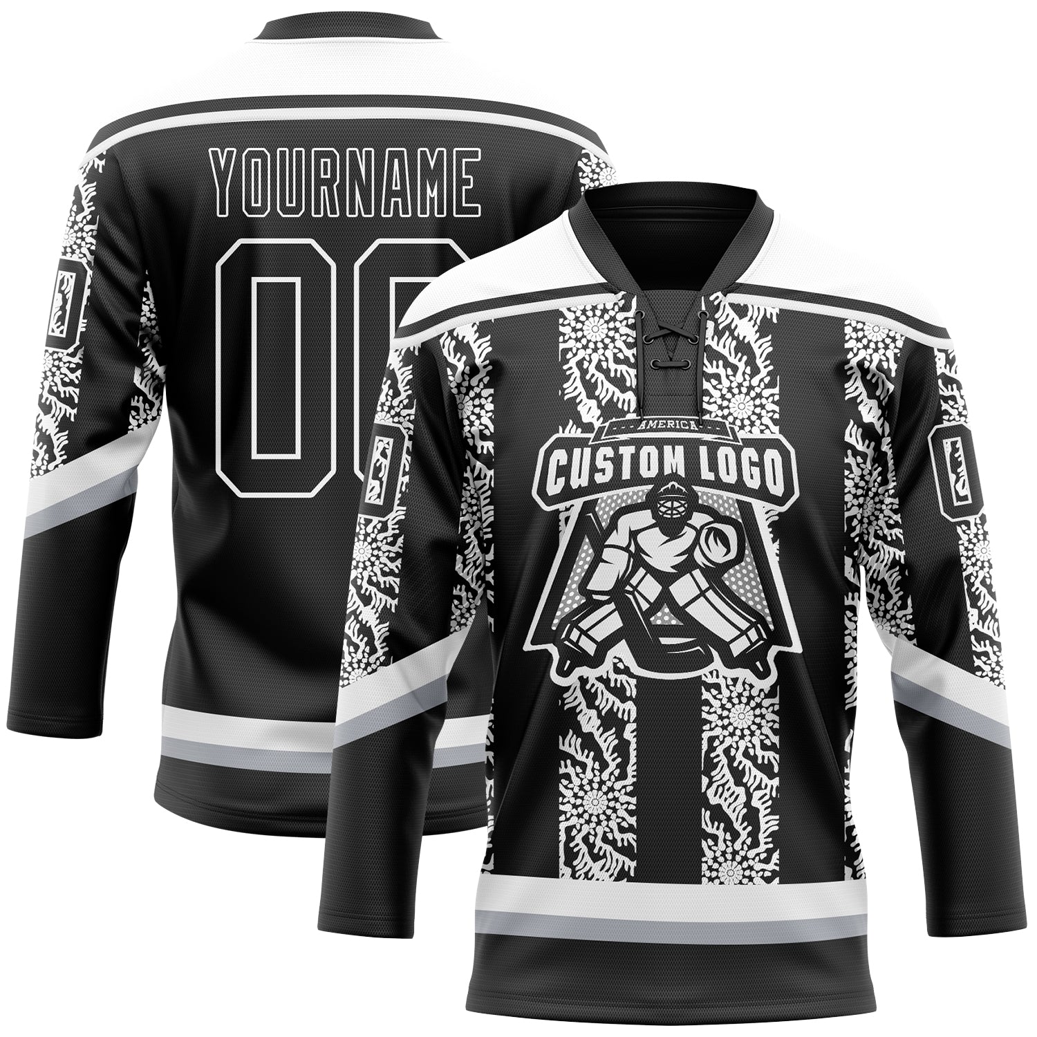 Custom Black Gray-White 3D Pattern Abstract Shape Hockey Lace Neck Jersey - Image 2
