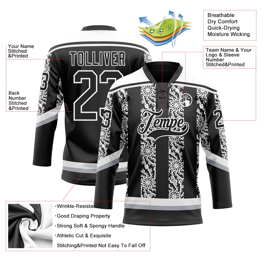 Custom Black Gray-White 3D Pattern Abstract Shape Hockey Lace Neck Jersey - Image 3