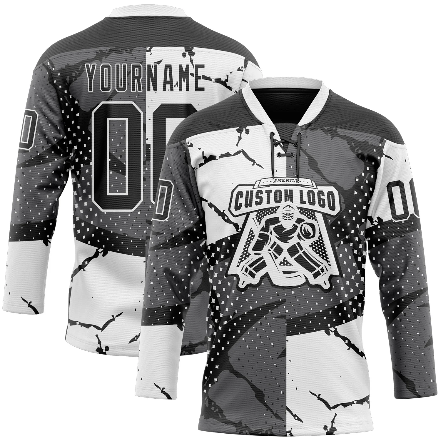 Custom Black Gray-White 3D Pattern Abstract Split Hockey Lace Neck Jersey - Image 2