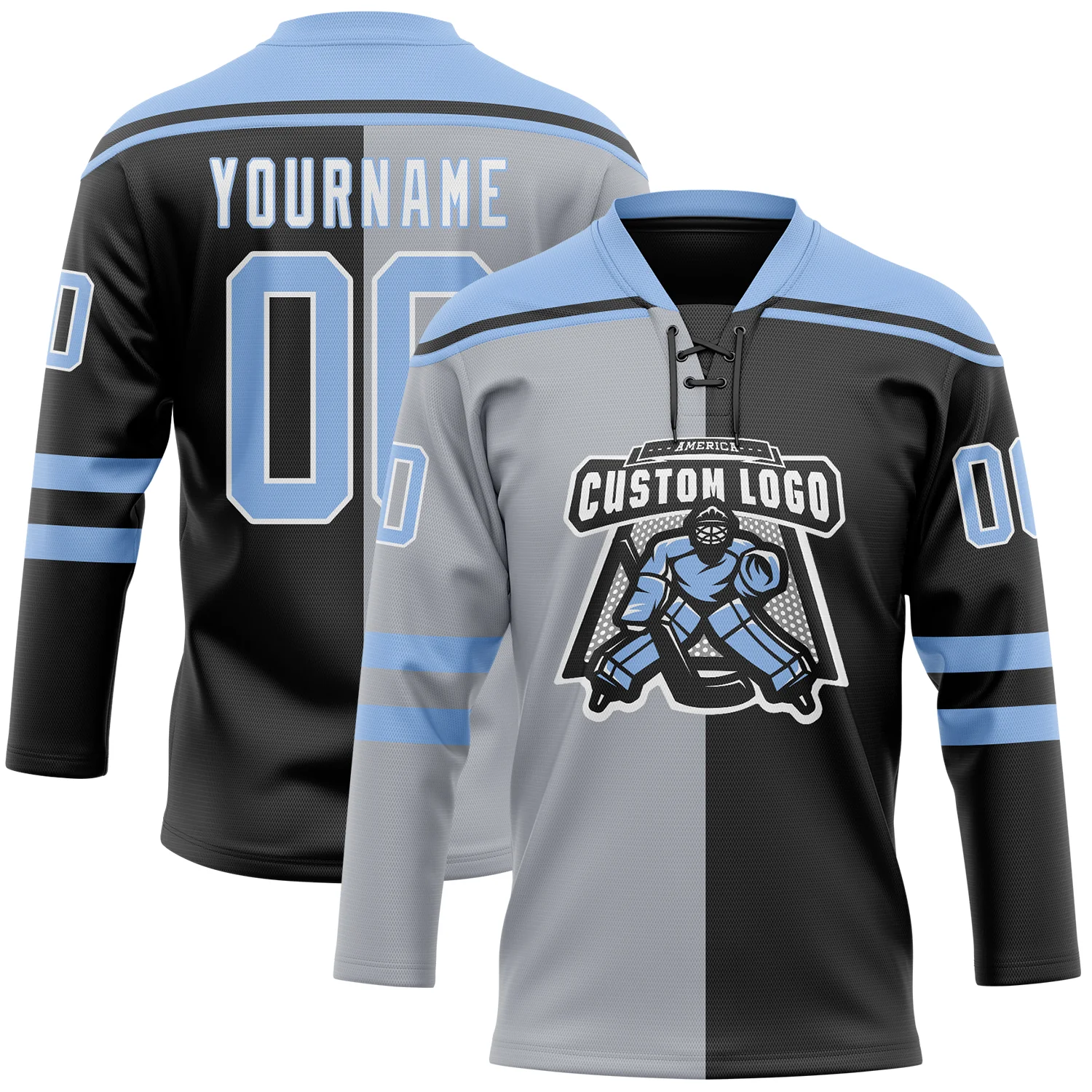 Custom Black Light Blue Gray-White Split Fashion Hockey Lace Neck Jersey - Image 2