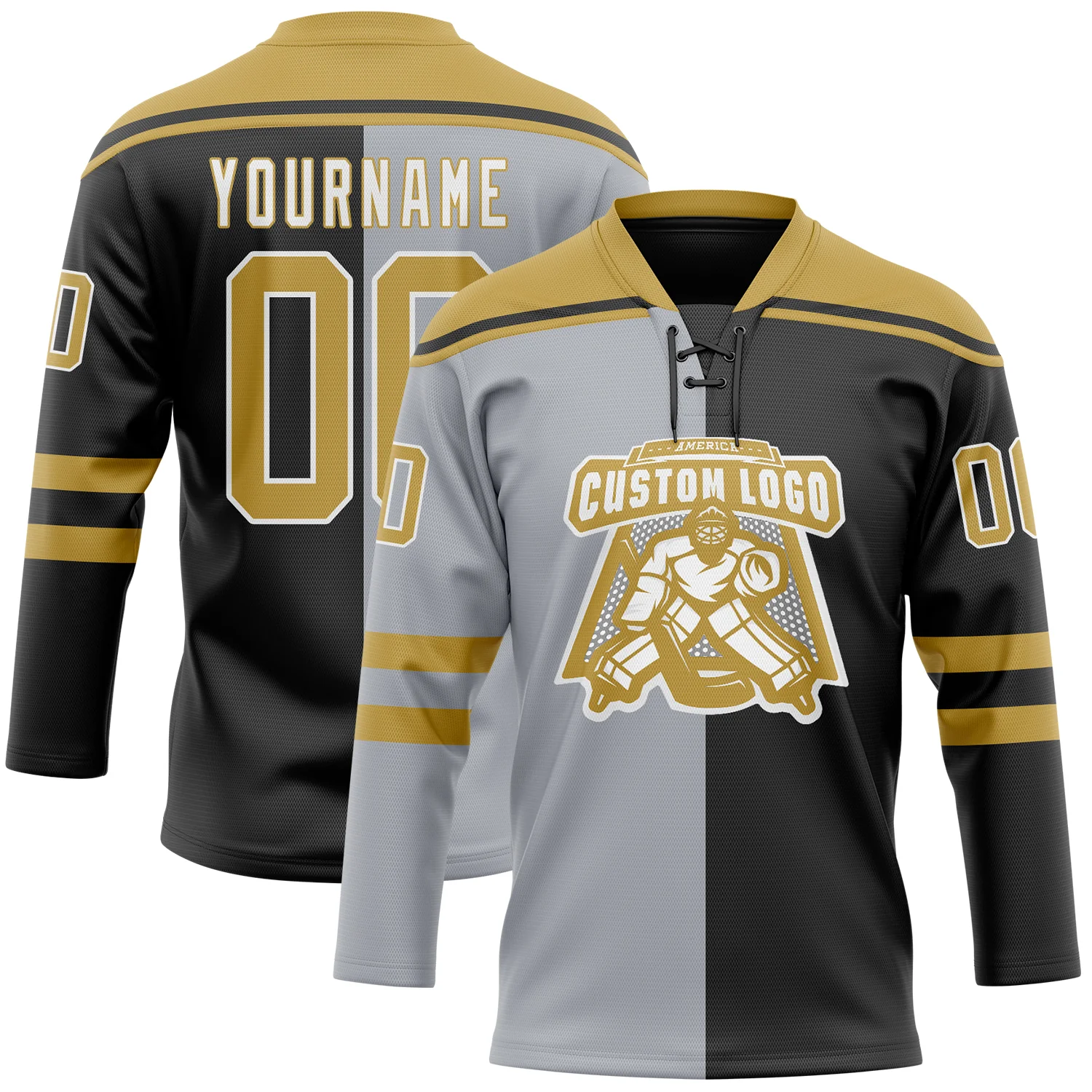 Custom Black Old Gold Gray-White Split Fashion Hockey Lace Neck Jersey - Image 2