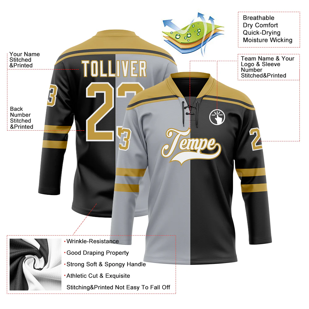 Custom Black Old Gold Gray-White Split Fashion Hockey Lace Neck Jersey - Image 5