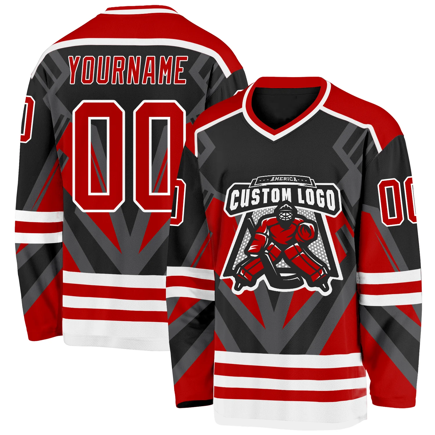 Custom Black Red Gray-White 3D Pattern Cyber Mecha E-sport Hockey Jersey - Image 2