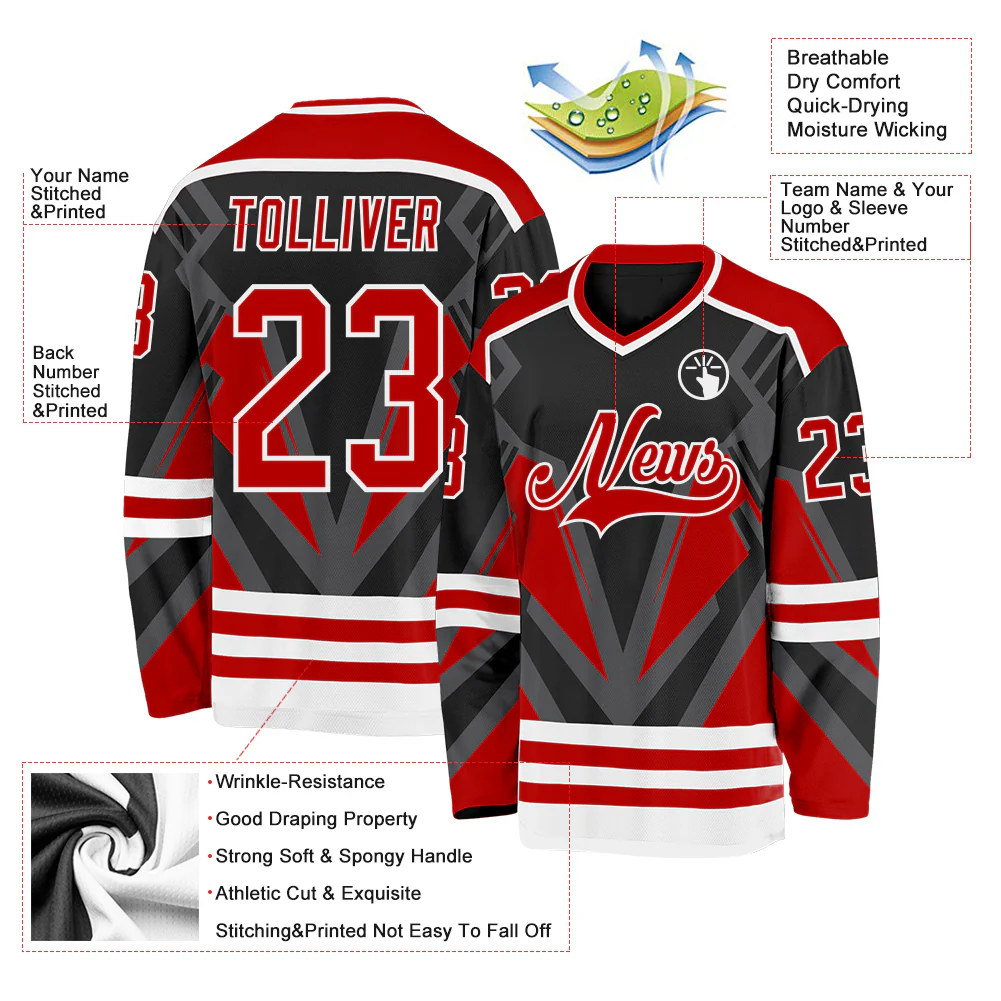 Custom Black Red Gray-White 3D Pattern Cyber Mecha E-sport Hockey Jersey - Image 3
