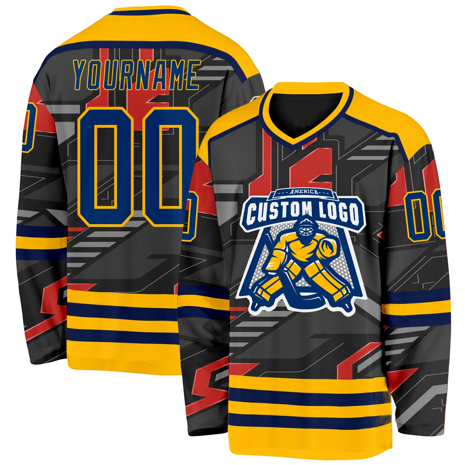 Custom Black US Navy Blue Gray Orange-Gold 3D Pattern Cyber Mecha E-sport Hockey Jersey - Image 2