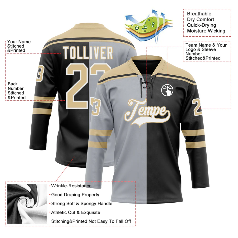 Custom Black Vegas Gold Gray-White Split Fashion Hockey Lace Neck Jersey - Image 5