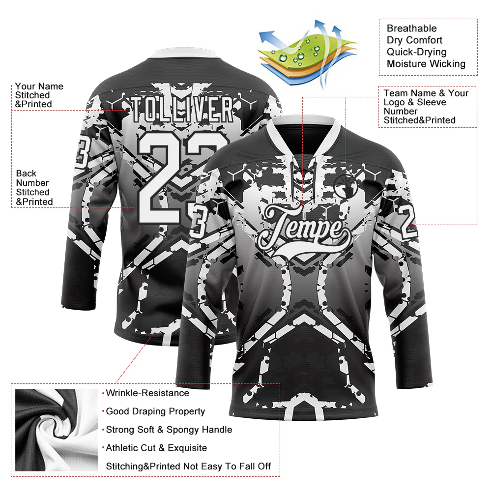 Custom Black White-Gray 3D Pattern Abstract Gradient Hockey Lace Neck Jersey - Image 3