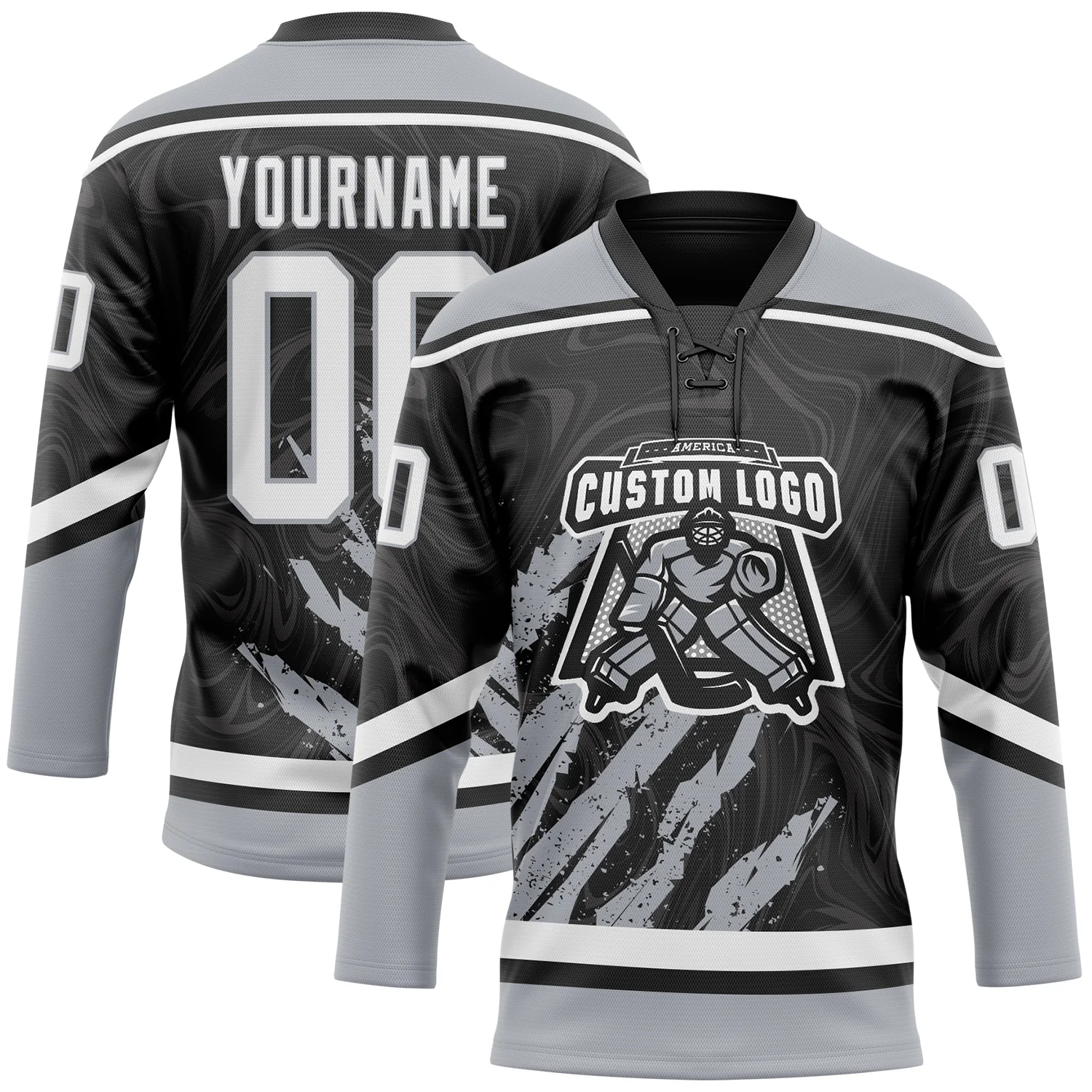 Custom Black White-Gray 3D Splash Art Hockey Lace Neck Jersey - Image 2