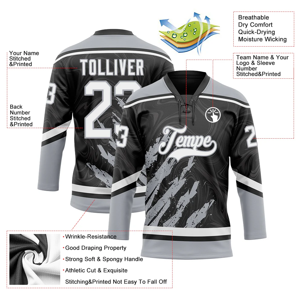 Custom Black White-Gray 3D Splash Art Hockey Lace Neck Jersey - Image 5