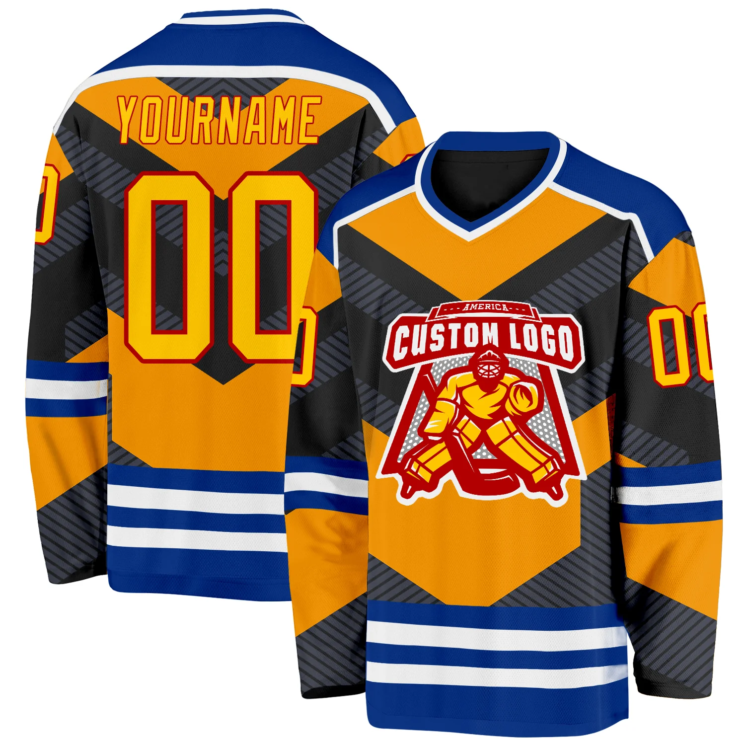 Custom Black Yellow Gray Royal Red-White 3D Pattern Cyber Mecha E-sport Hockey Jersey - Image 2
