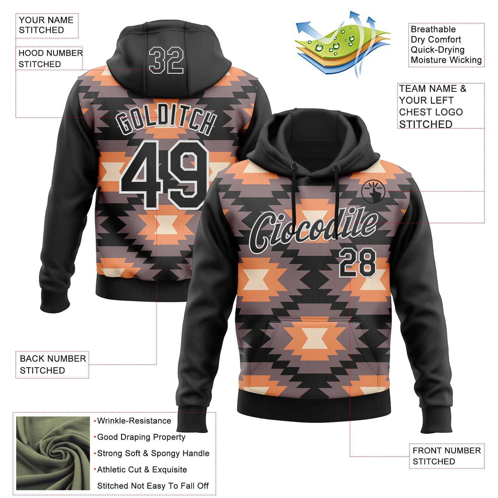 Custom Stitched Black Gray Orange-White 3D Mexico Aztec Pattern Sports Pullover Sweatshirt Hoodie - Image 2