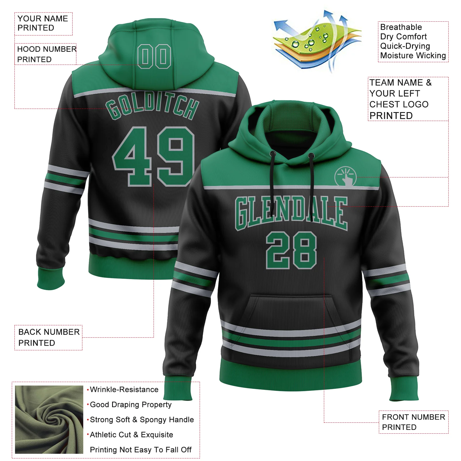 Custom Black Kelly Green-Gray 3D Pattern Design Game Day Dallas Inspired Sports Pullover Sweatshirt Hoodie - Image 2
