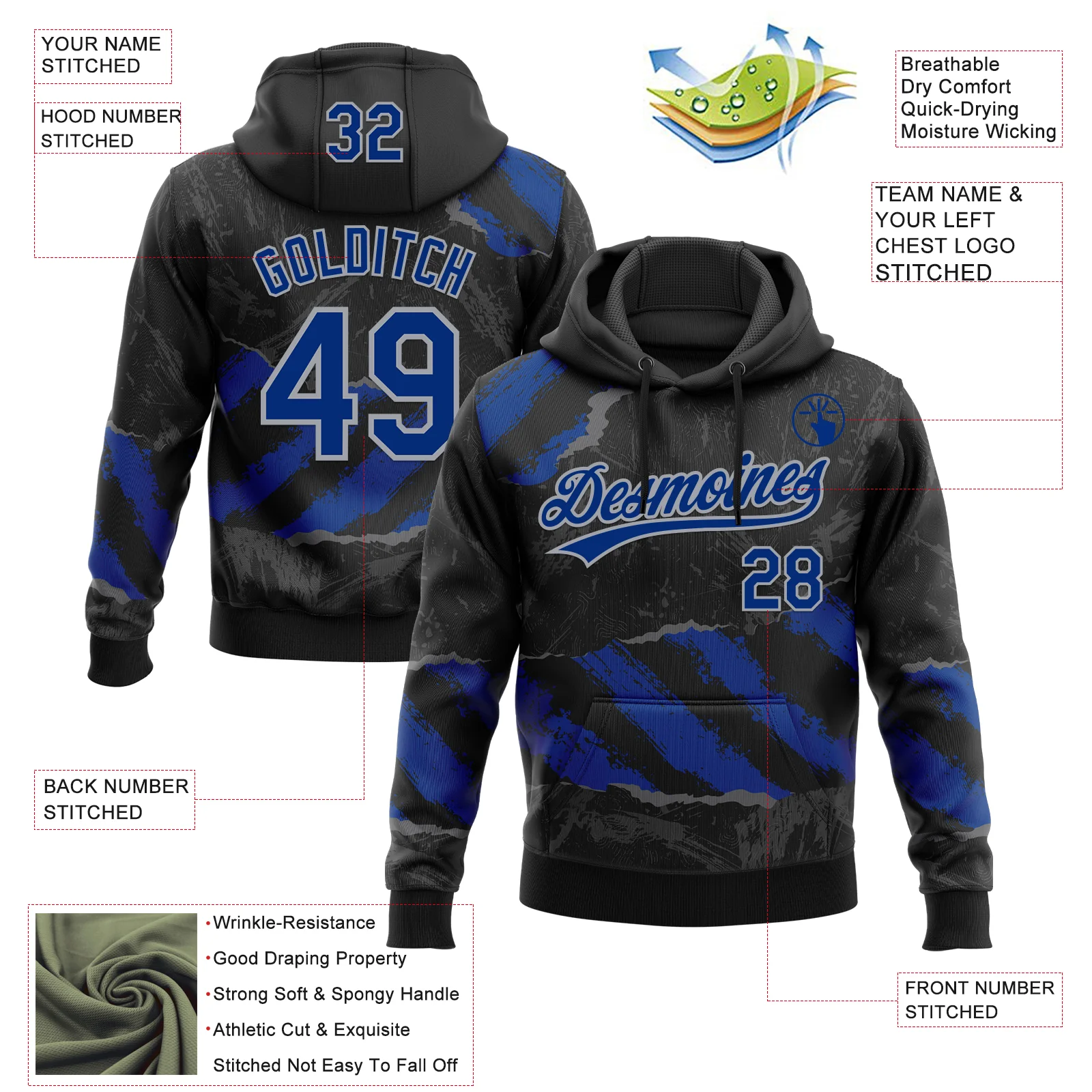 Custom Stitched Black Royal Gray-Steel Gray 3D Pattern Design Splash Sports Pullover Sweatshirt Hoodie - Image 2