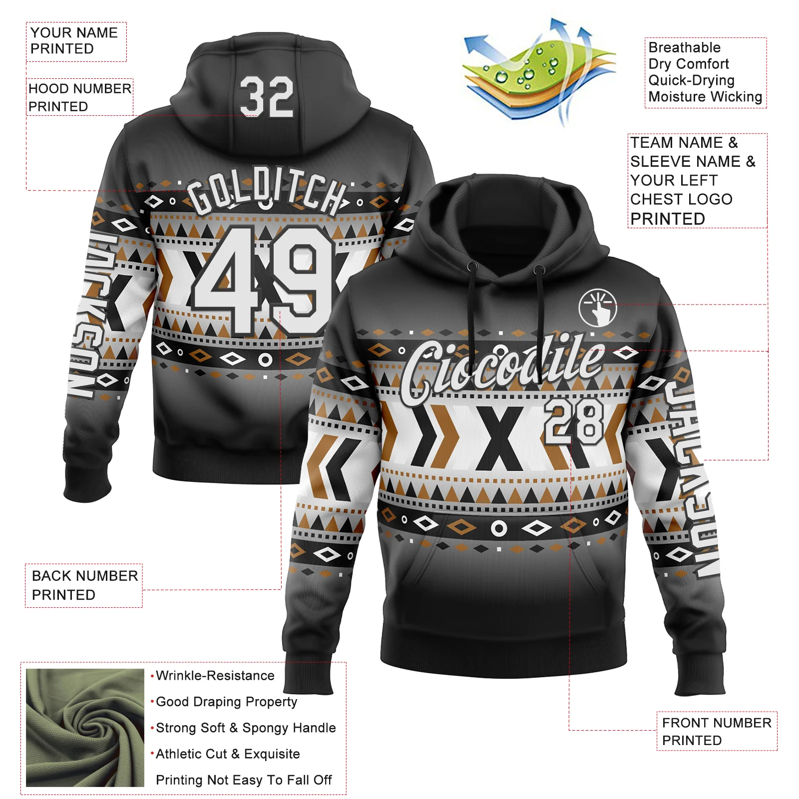 Custom Black White-Gray 3D Pattern Design Western Cowboy Tribal Ethnic Sports Pullover Sweatshirt Hoodie - Image 2