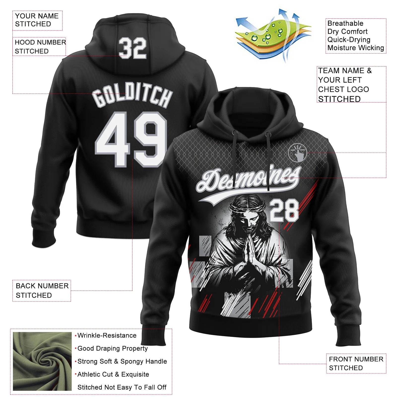 Custom Stitched Black White Gray-Red Religion Jesus Christ Pullover Sweatshirt Hoodie - Image 4